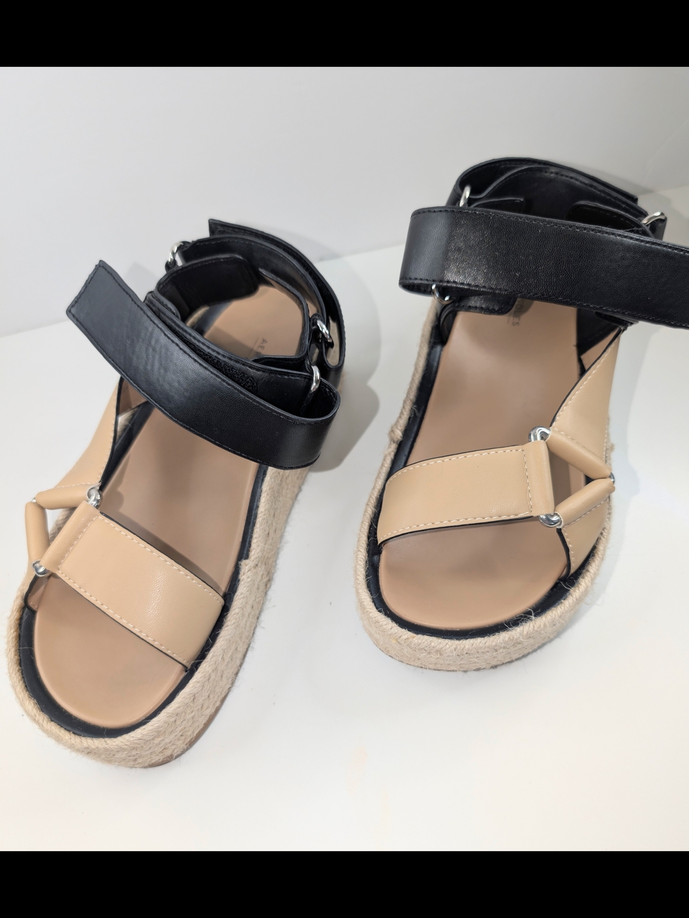 Aerosoles Dave Black Tan Espadrille Platform Wedge Sandals Size 6.5